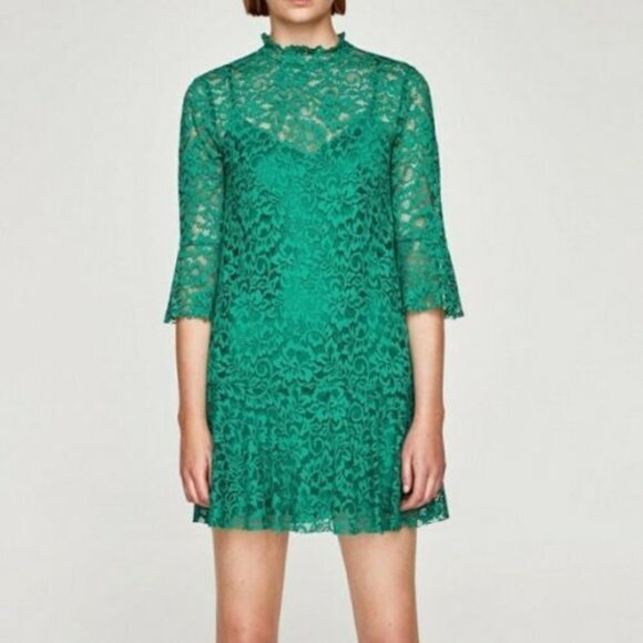 Zara Dresses & Skirts - ZARA green lace flower Pattern lined dress XS